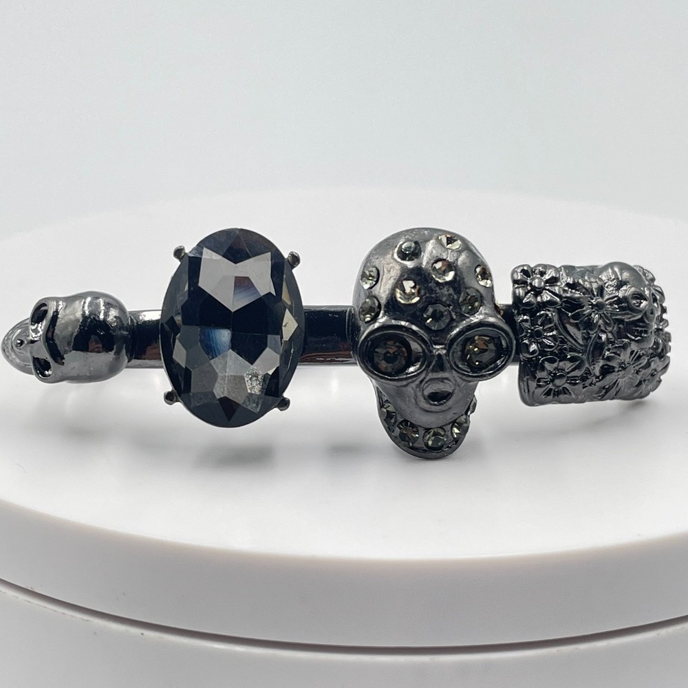 VTG Goth Gunmetal Skull 3-Finger Ring Black Rhinestone Crystal Statement Armor